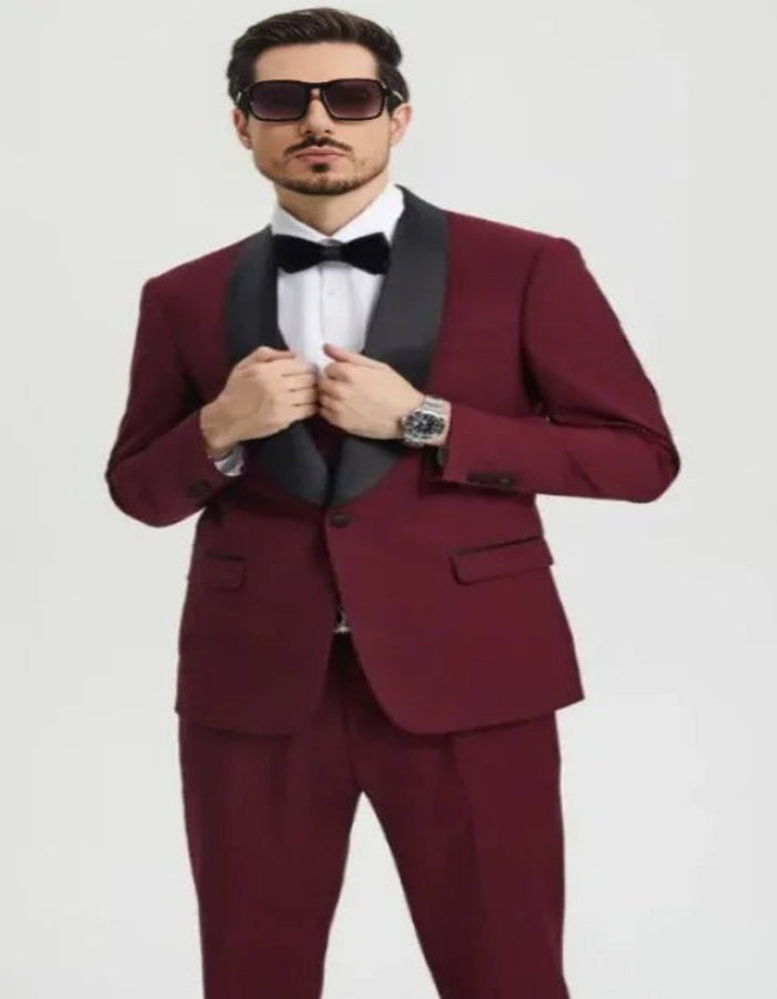 Burgundy Tuxedo - Maroon Burgundy Color - Mens One Button Shawl Lapel Matching Pants and Vest Tuxedo in Burgundy by Men's Tuxedo USA