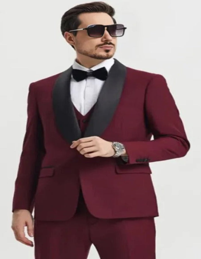 Burgundy Tuxedo - Maroon Burgundy Color - Mens One Button Shawl Lapel Matching Pants and Vest Tuxedo in Burgundy by Men's Tuxedo USA