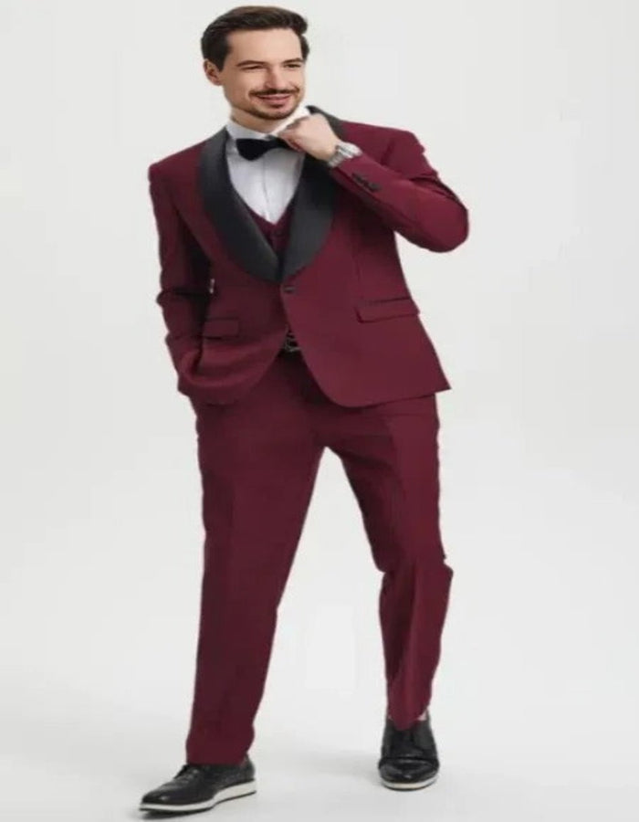 Burgundy Tuxedo - Maroon Burgundy Color - Mens One Button Shawl Lapel Matching Pants and Vest Tuxedo in Burgundy by Men's Tuxedo USA