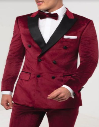 Burgundy Tuxedo - Maroon Burgundy Color - Mens Burgundy Velvet Tuxedo - Slim Fit Velvet Suits Double Breasted Tuxedo Suits - Slim Fit by Men's Tuxedo USA