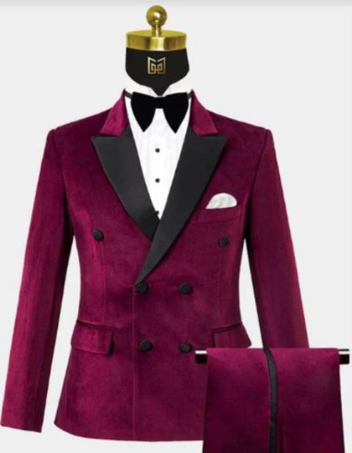 Burgundy Tuxedo - Maroon Burgundy Color - Mens Burgundy Velvet Tuxedo - Velvet Suits Double Breasted Tuxedo Suits - Slim Fit by Men's Tuxedo USA