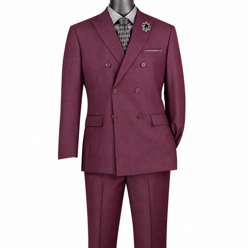 2-Piece Double Breasted Glen Plaid Regular Fit Suit - Burgundy