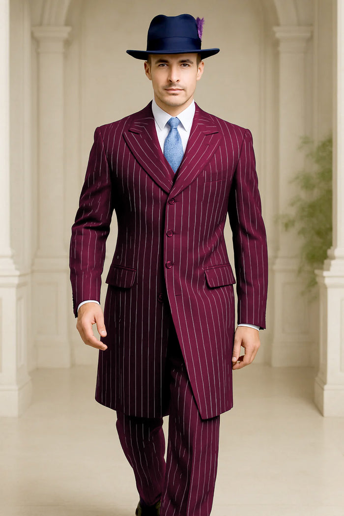 Mens Burgundy Pinstripe Suit - Classic Long Coat Style with White Stripes by USA Men's Outlet