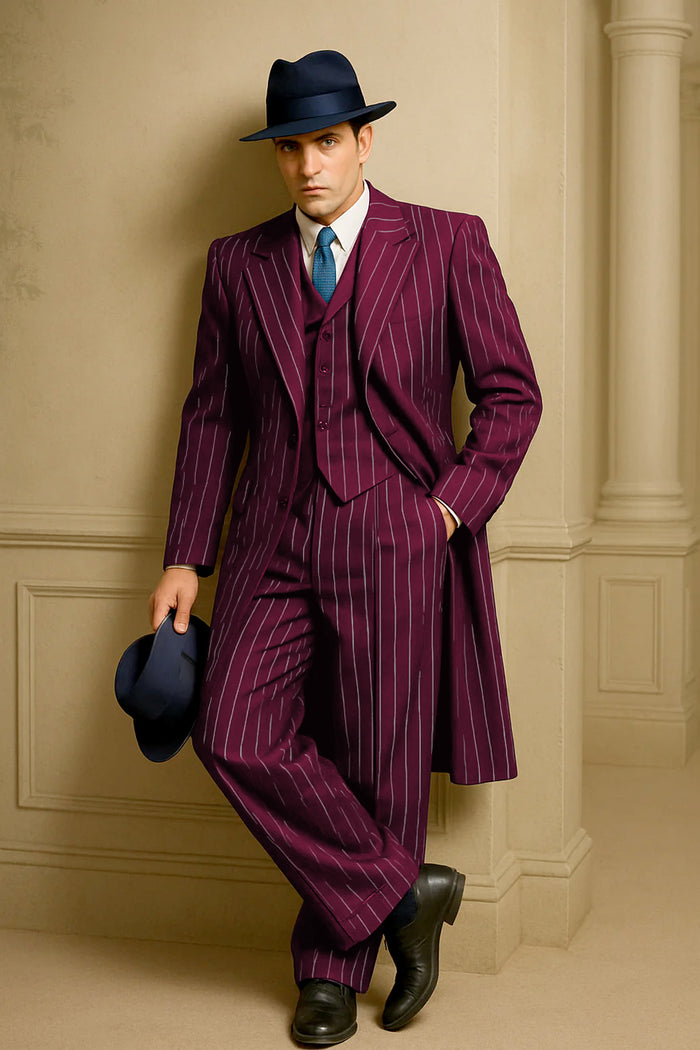 Mens Burgundy Pinstripe Suit - Classic Long Coat Style with White Stripes by USA Men's Outlet