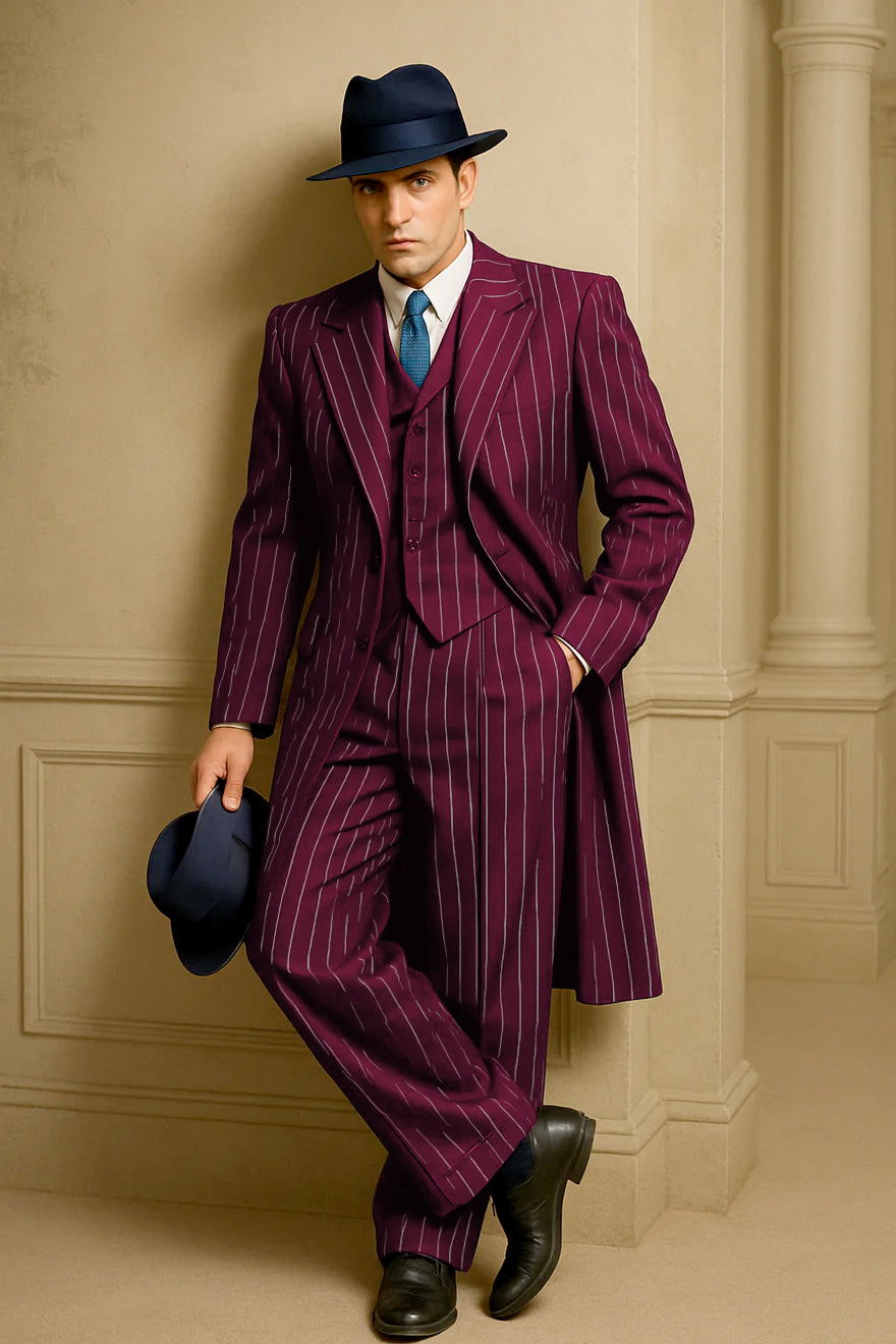 Mens Burgundy Pinstripe Suit – Classic Long Coat Style with White Stripes