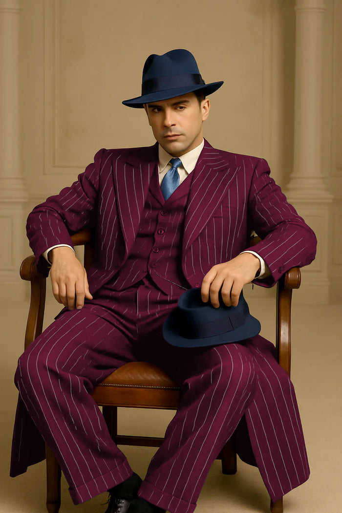 Mens Burgundy Pinstripe Suit - Classic Long Coat Style with White Stripes by USA Men's Outlet
