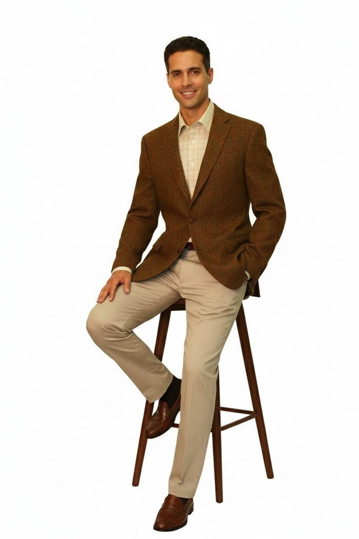 Mens Burnt Orange Harris Tweed Blazer - Classic Wool Check Pattern Formal and Casual Jacket in Brown Rustish Copper Color USA Men's Outlet
