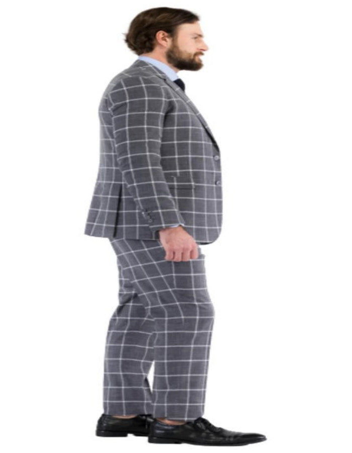Mens Plaid Suit - Windowpane Pattern With Vest - Business Suit Grey by USA Men's Outlet