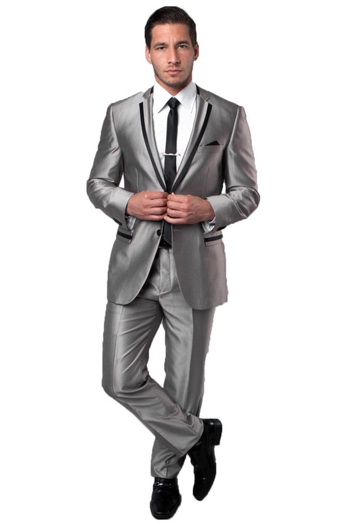 Men's Two Button Slim Fit Wedding & Prom Tuxedo Suit in Shiny Silver Sharkskin with Black Piping by Tazzio