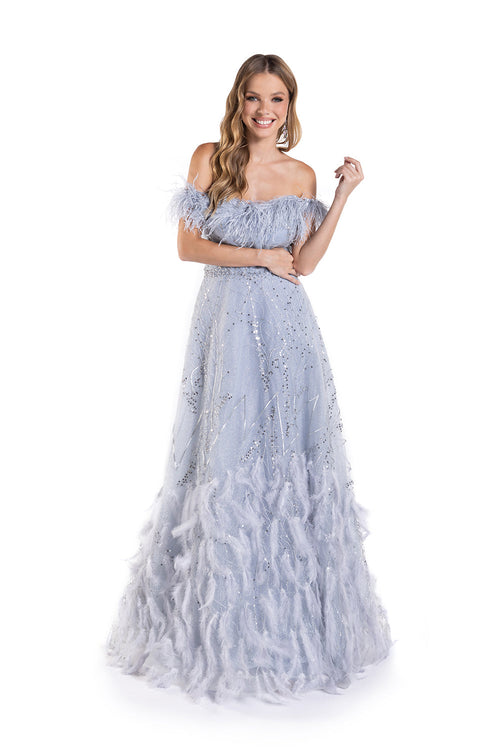 Off Shoulder Feather A-line Gown by Lucci Lu C8052
