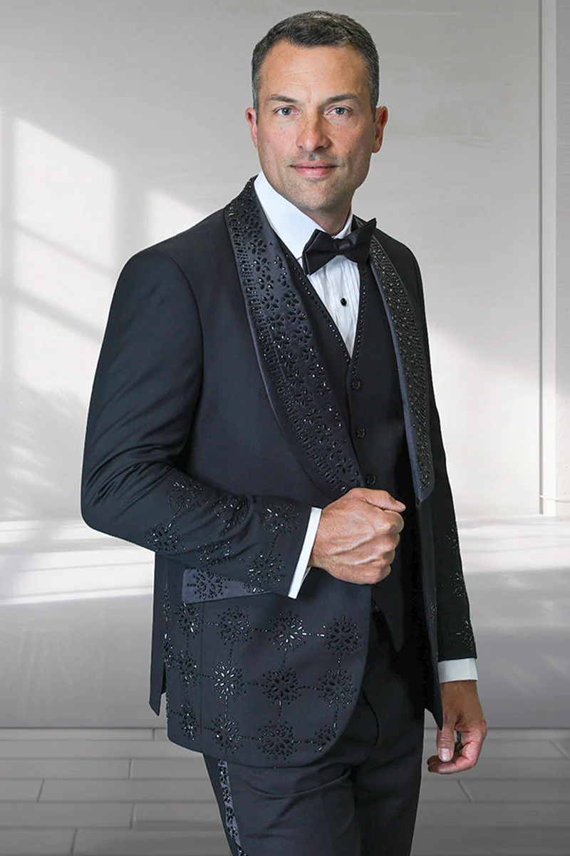 Mens Designer Floral Rhinestone Prom and Wedding Tuxedo in Black and Black – SuitUSA
