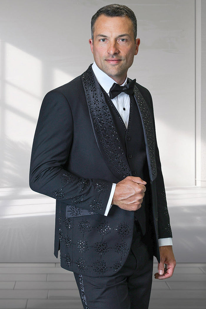 Men's Designer Floral Rhinestone Prom & Wedding Tuxedo in Black