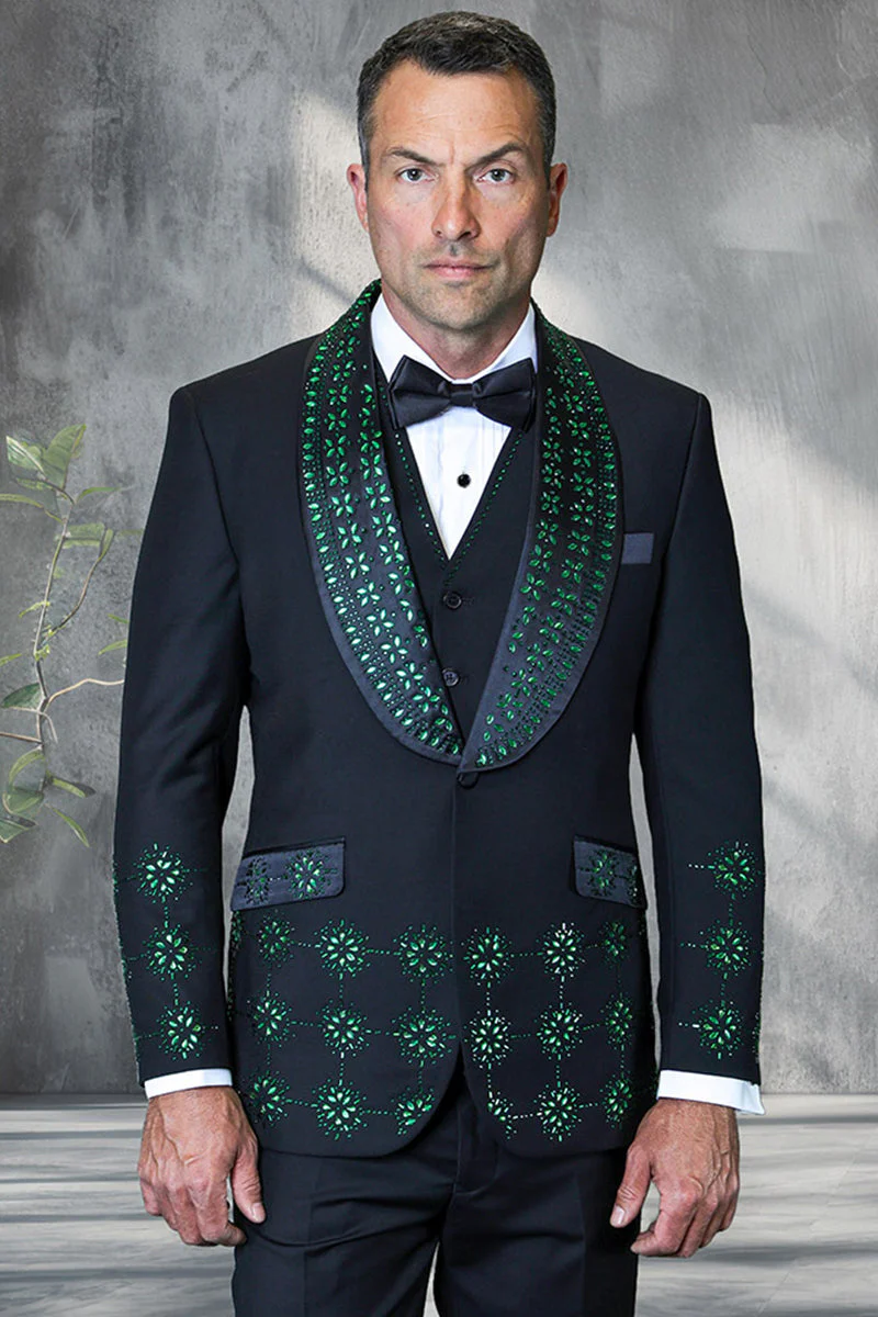 Mens Designer Floral Rhinestone Prom and Wedding Tuxedo in Black and Green – SuitUSA