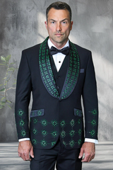 Men's Designer Floral Rhinestone Prom & Wedding Tuxedo in Black & Green