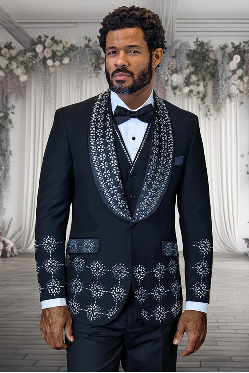 Mens Designer Floral Rhinestone Prom and Wedding Tuxedo in Black and White – SuitUSA