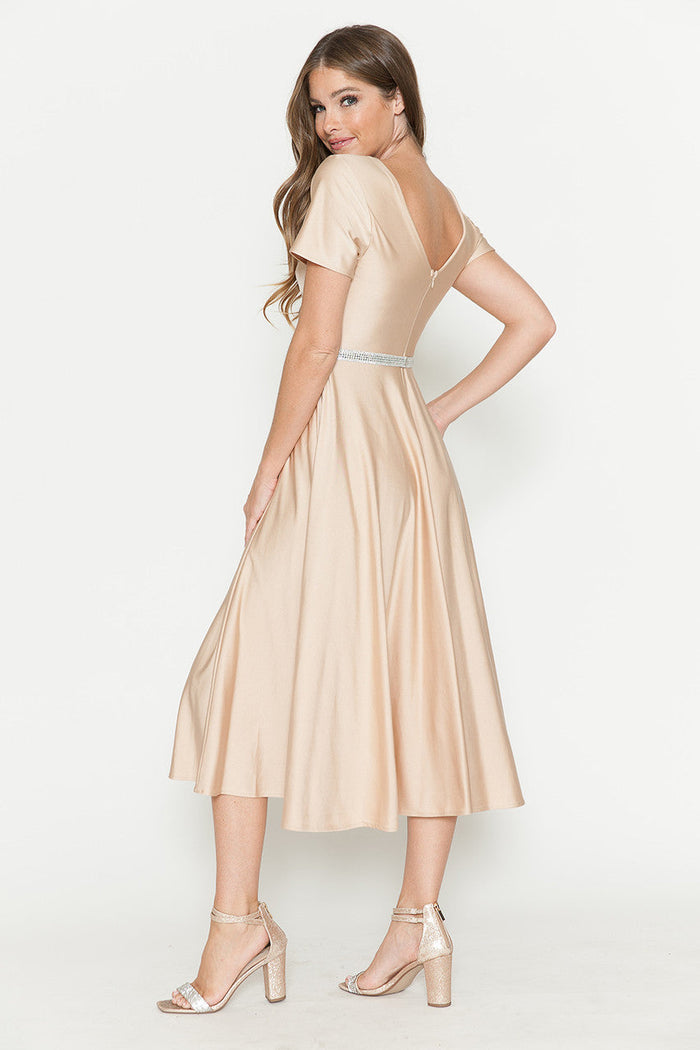 Lenovia 5274 V-Neck Short Sleeve Midi Cocktail Dress with Rhinestone Waist Formal & Wedding Guest Attire