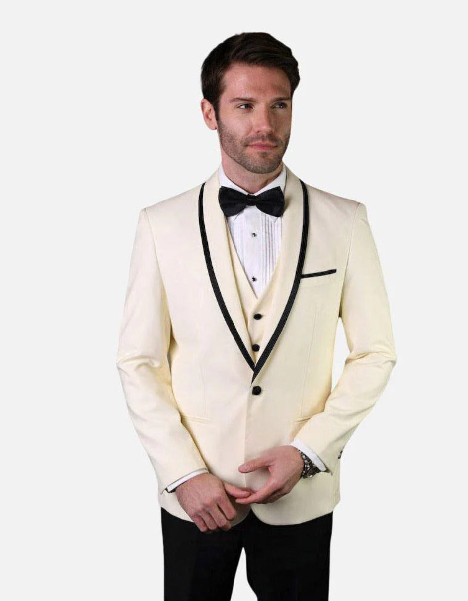 Statement Men's White Vested with Black Trim Fine Lapel 100% Wool Tuxedo - Men's Tuxedo USA – SuitUSA
