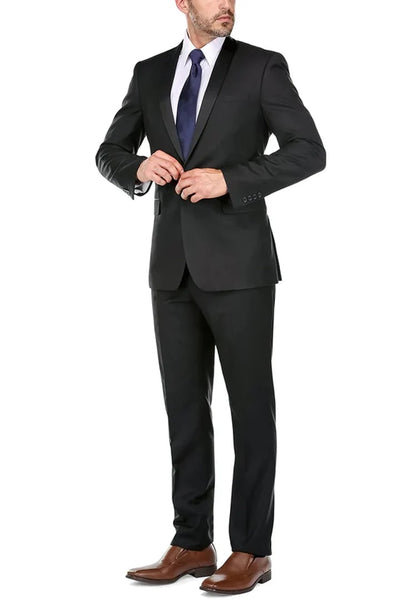 Black Prom Tuxedo Suit - Black Wedding Suit - Mens Traditional Slim Fit Shawl Collar Tuxedo