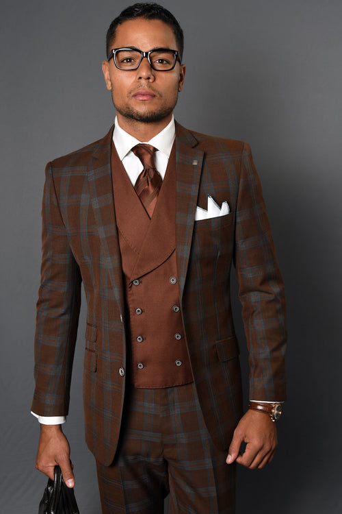 Men's Modern Fit Wool Suit with Double Breasted Vest in Copper Plaid by Statement