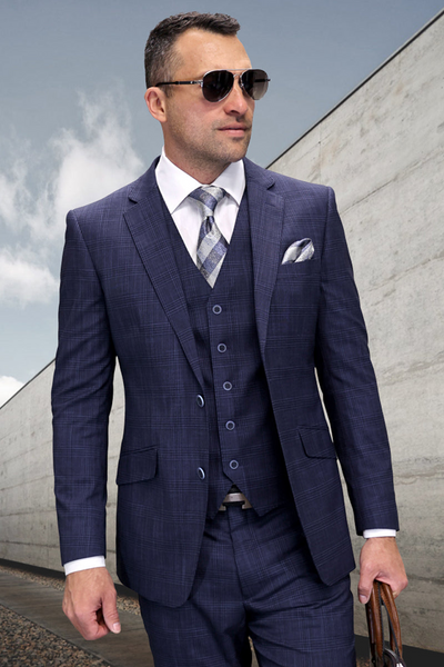 Men's Modern Navy Wool Suit with Vested Style