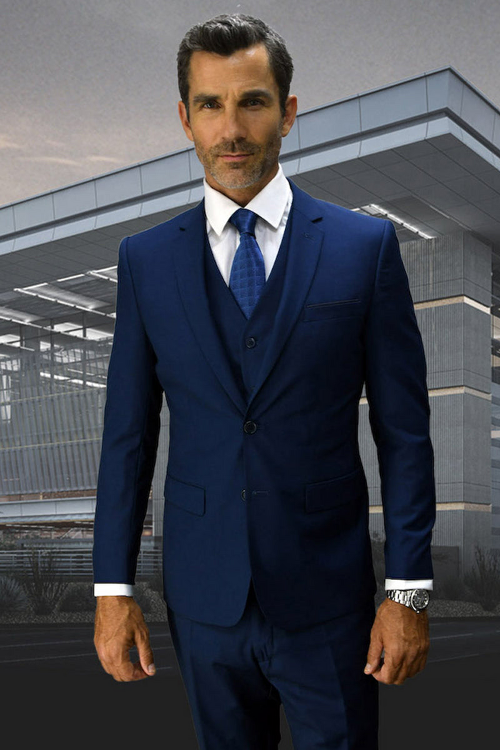 Men's Sapphire Blue Wool Vested Suit by Statement Suits