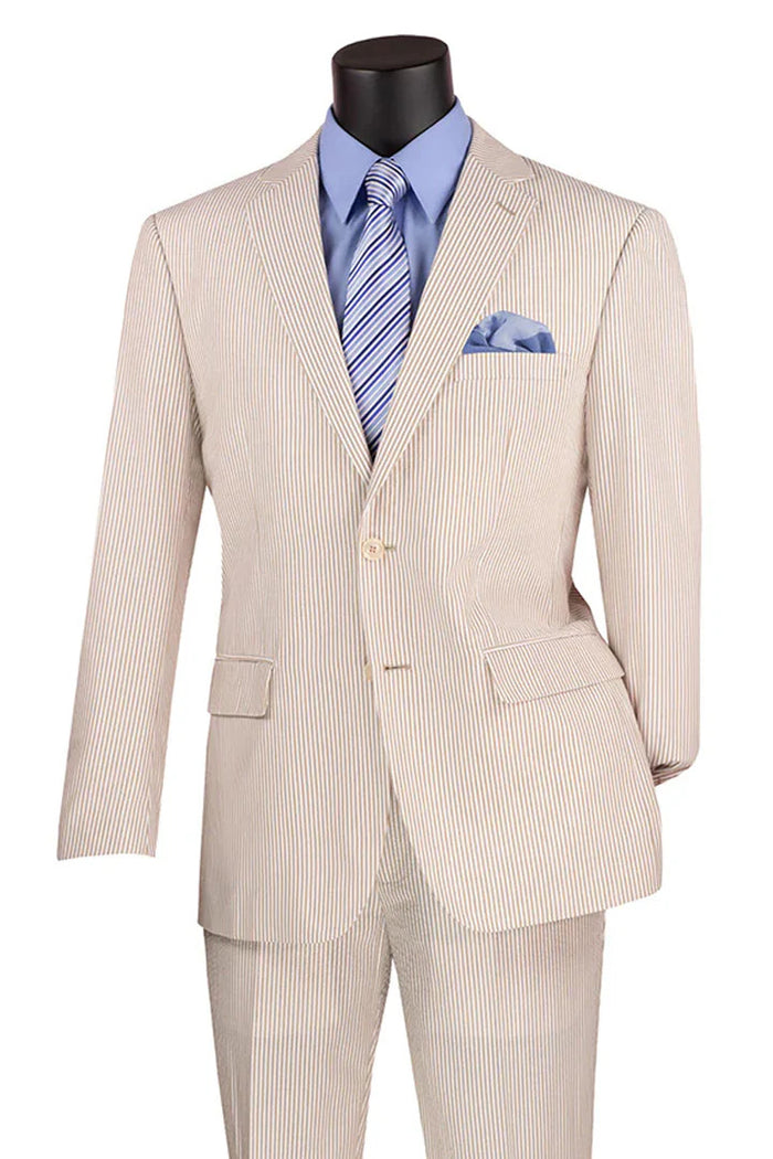 Mens 2PC Summer Seersucker Modern Fit Suit in Tan Pinstripe