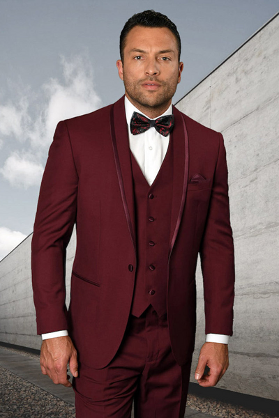 Men's Burgundy Vested Satin Shawl Tuxedo