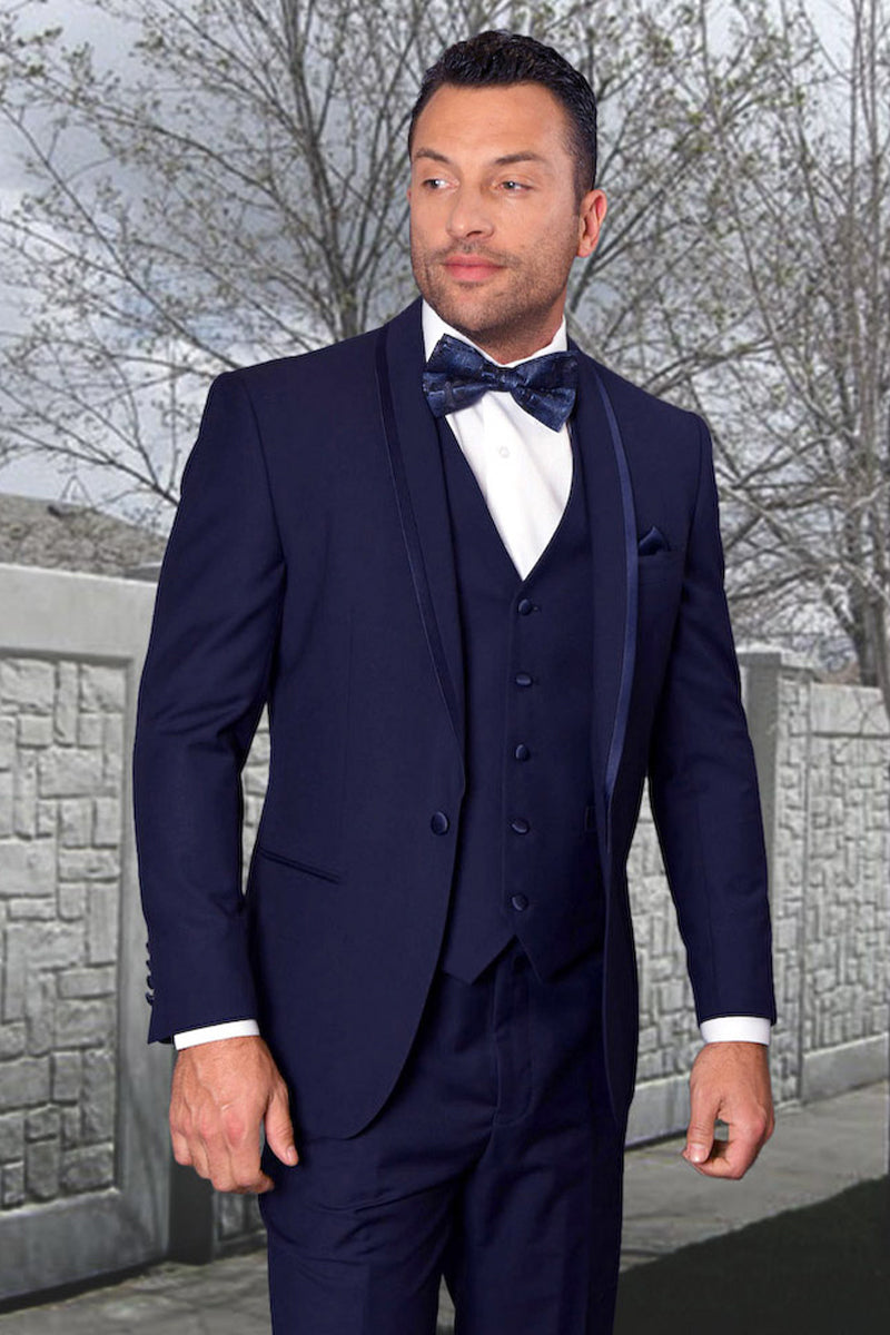 Men's Navy Blue Vested Satin Trim Shawl Tuxedo