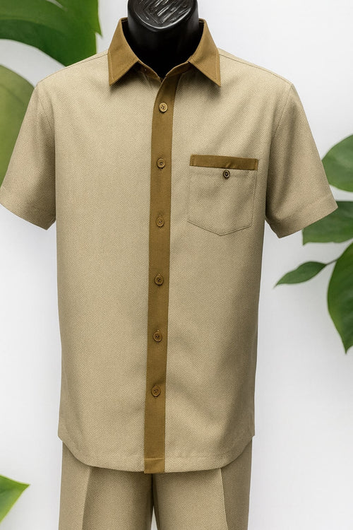 Mens Camel Beige Houndstooth Short Sleeve Walking Suit USA Men's Outlet