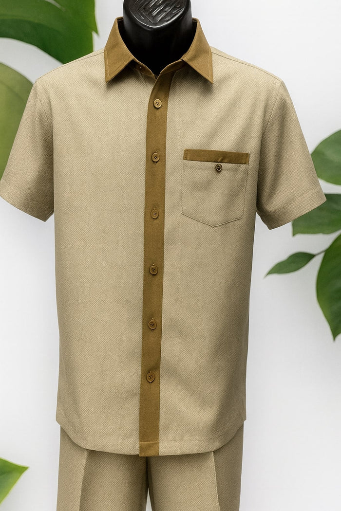 Mens Camel Beige Houndstooth Short Sleeve Walking Suit USA Men's Outlet