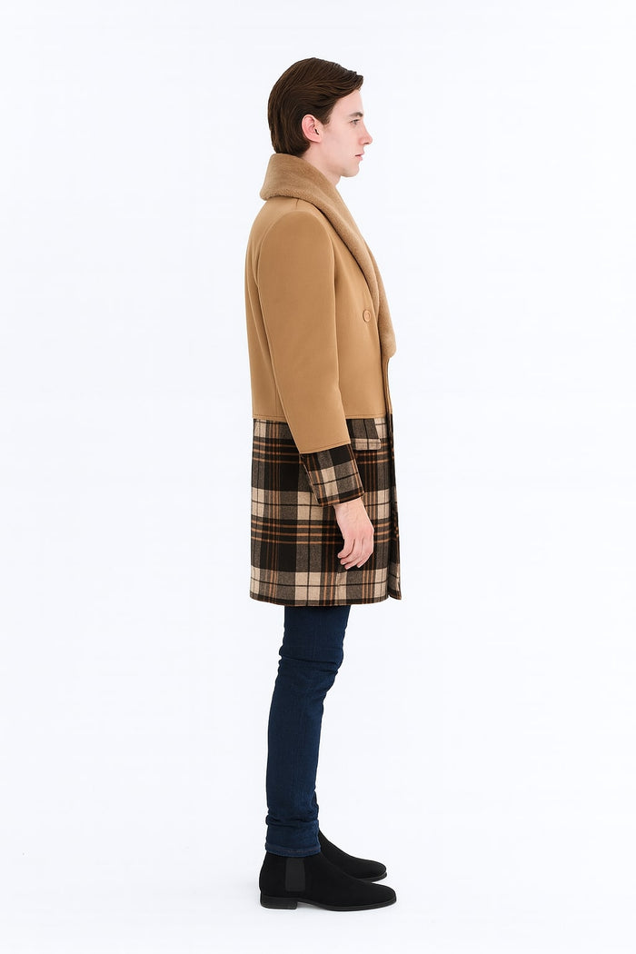 Mens Camel Brown Shawl Collar Overcoat with Plaid Wool Bottom - Double-Breasted Winter Topcoat With Fur Collar by USA Men's Outlet