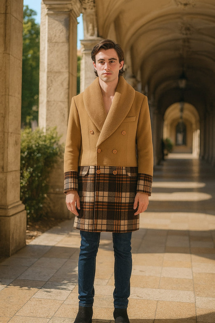 Mens Camel Brown Shawl Collar Overcoat with Plaid Wool Bottom - Double-Breasted Winter Topcoat With Fur Collar by USA Men's Outlet