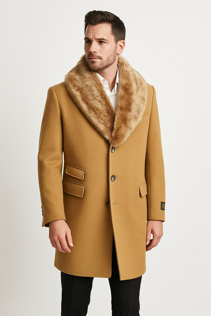 Mens Camel Overcoat with Light Faux Fur Collar - Single-Breasted Wool Dress Coat by USA Men's Outlet