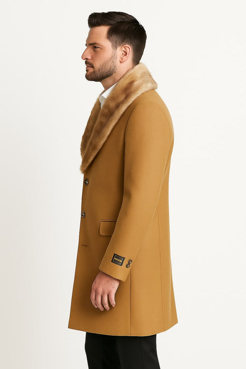 Mens Camel Overcoat with Light Faux Fur Collar - Single-Breasted Wool Dress Coat by USA Men's Outlet