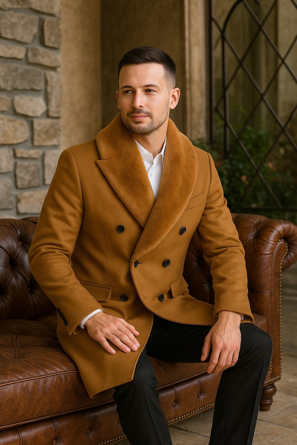 Mens Camel Wool Overcoat with Faux Fur Shawl Collar - Double-Breasted Winter Dress Coat by USA Men's Outlet