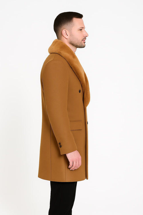 Mens Camel Wool Overcoat with Faux Fur Shawl Collar - Double-Breasted Winter Dress Coat by USA Men's Outlet