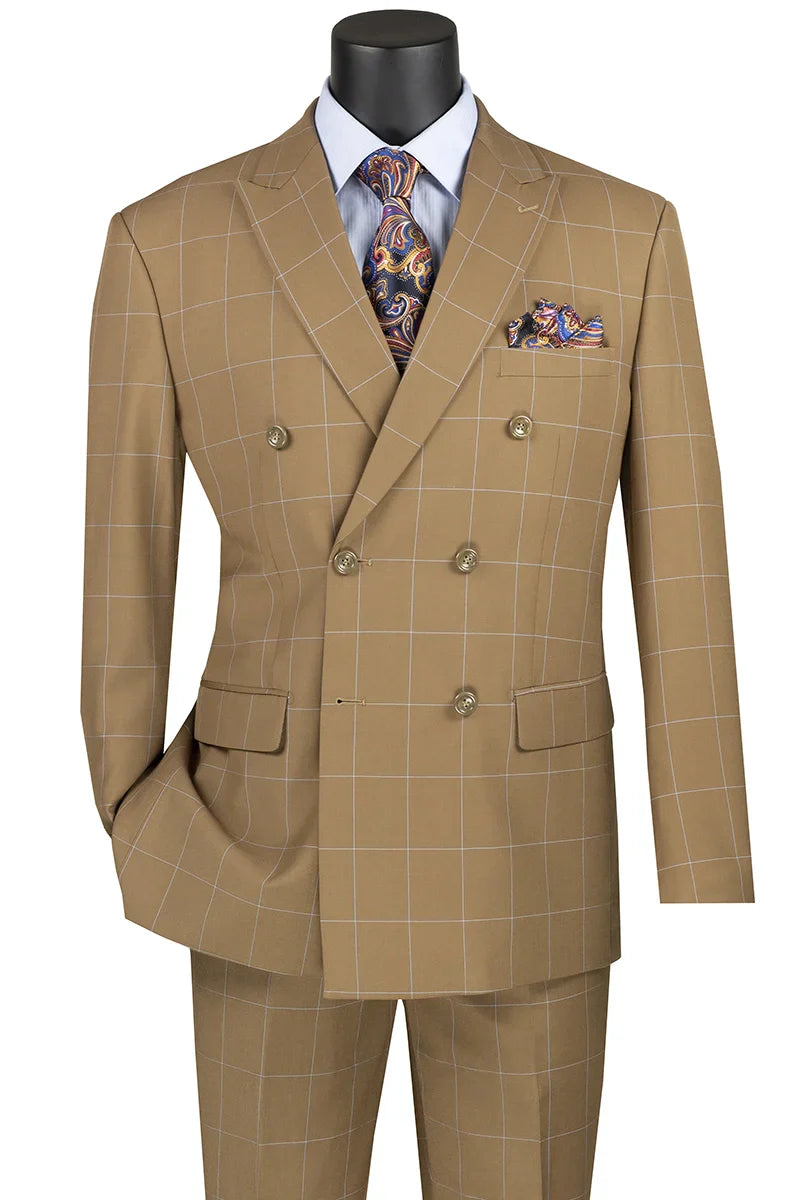 Camel Modern Fit Double Breasted Windowpane Peak Lapel 2 Piece Suit – SuitUSA