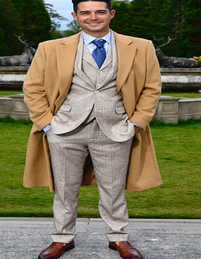 Mens Peaky Blinders Costume Thomas Shelby Tweed Light Tan Suit & Camel Overcoat USA Men's Outlet