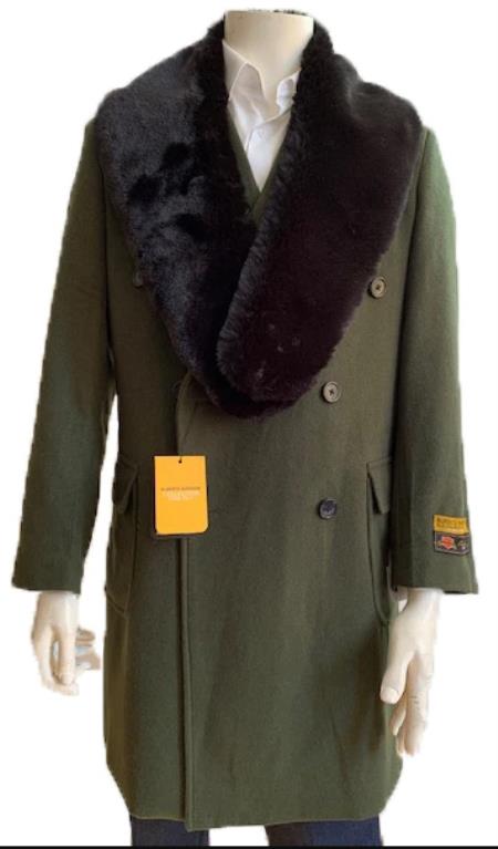 Olive Green Peacoat Double Breasted Three Quarter Overcoat And Cashmere Peacoat - Topcoat By Alberto Nardoni USA Men's Outlet
