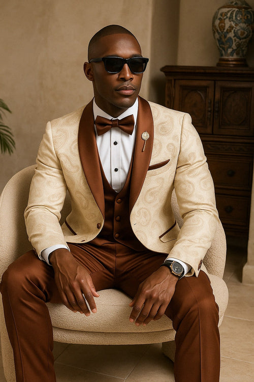 Mens Champagne Paisley Tuxedo with Brown Satin Lapel and Pants - Formal Wedding Suit with Chain Brooch USA Men's Outlet