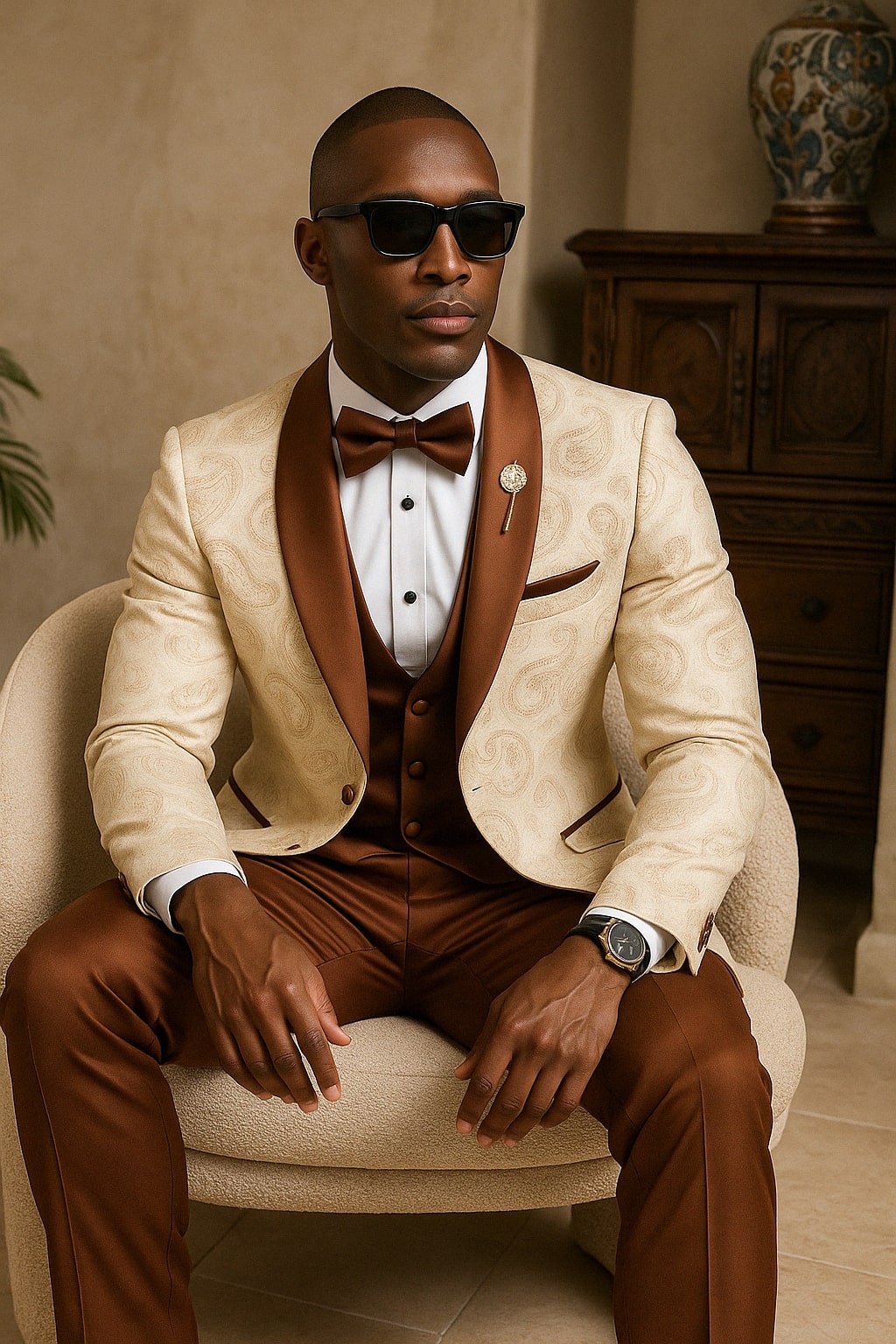 Mens Champagne Paisley Tuxedo with Brown Satin Lapel and Pants - Formal Wedding Suit with Chain Brooch USA Men's Outlet