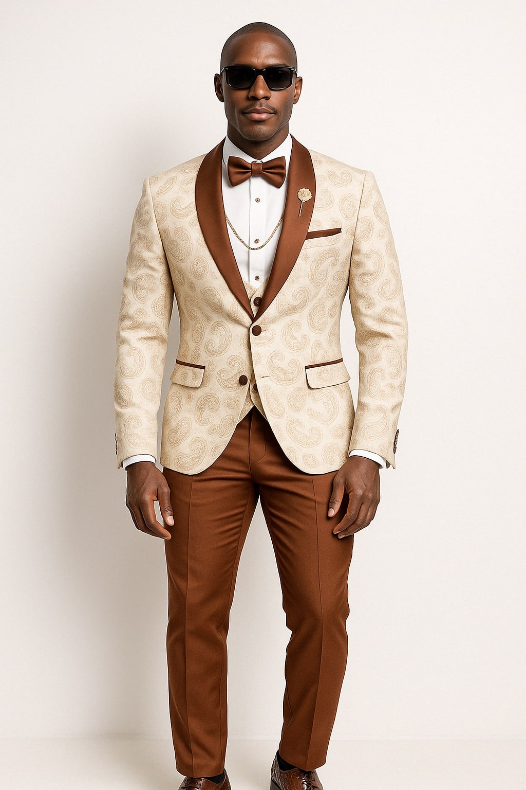 Mens Champagne Paisley Tuxedo with Brown Satin Lapel and Pants - Formal Wedding Suit with Chain Brooch USA Men's Outlet