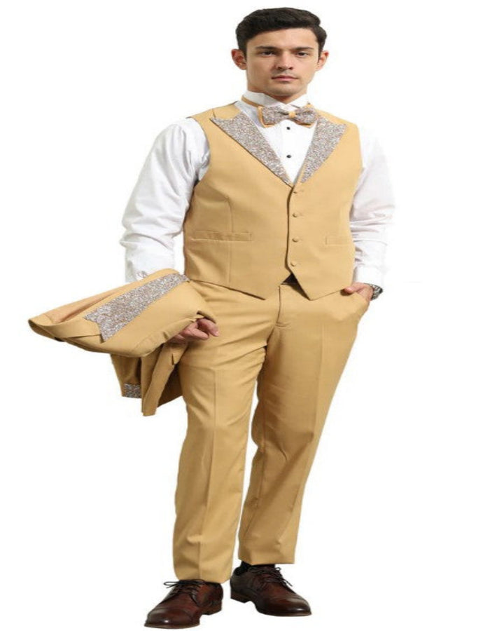 Champagne Prom Tuxedo - Perfect Wedding Suit Vested Rhinestone Lapelled by USA Men's Outlet
