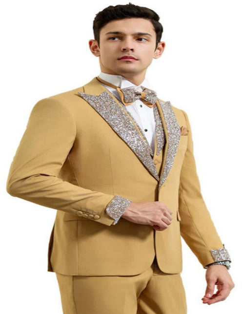 Champagne Prom Tuxedo - Perfect Wedding Suit Vested Rhinestone Lapelled by USA Men's Outlet