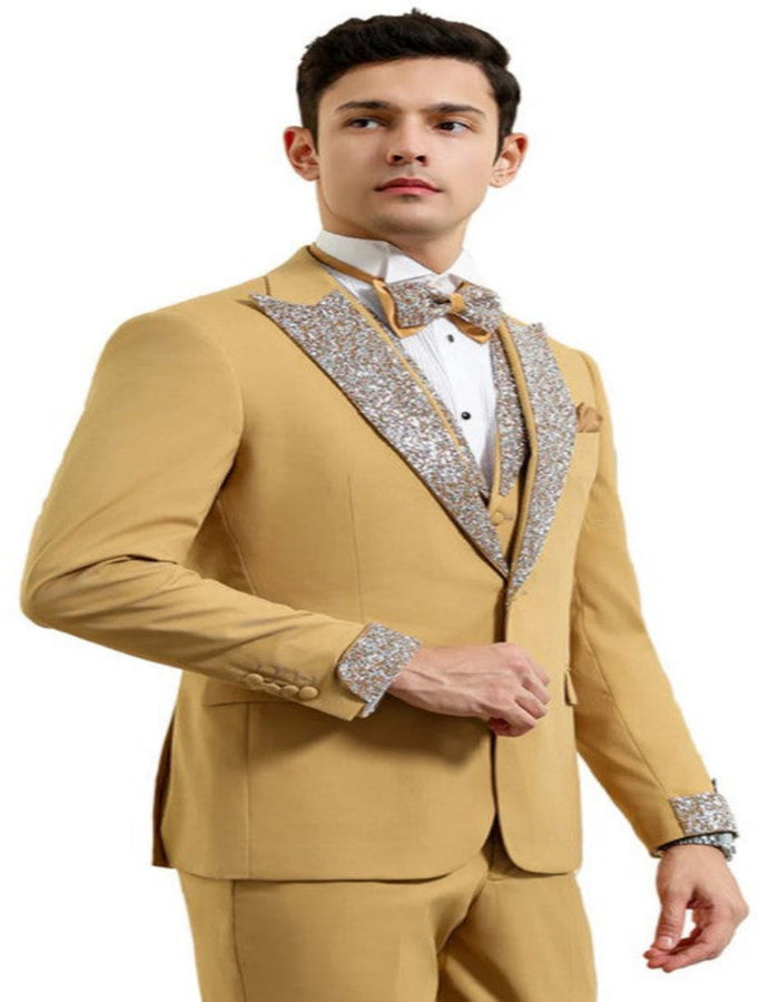 Champagne Prom Tuxedo - Perfect Wedding Suit Vested Rhinestone Lapelled by USA Men's Outlet