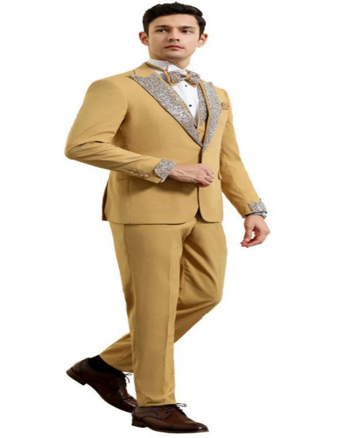 Champagne Prom Tuxedo - Perfect Wedding Suit Vested Rhinestone Lapelled by USA Men's Outlet