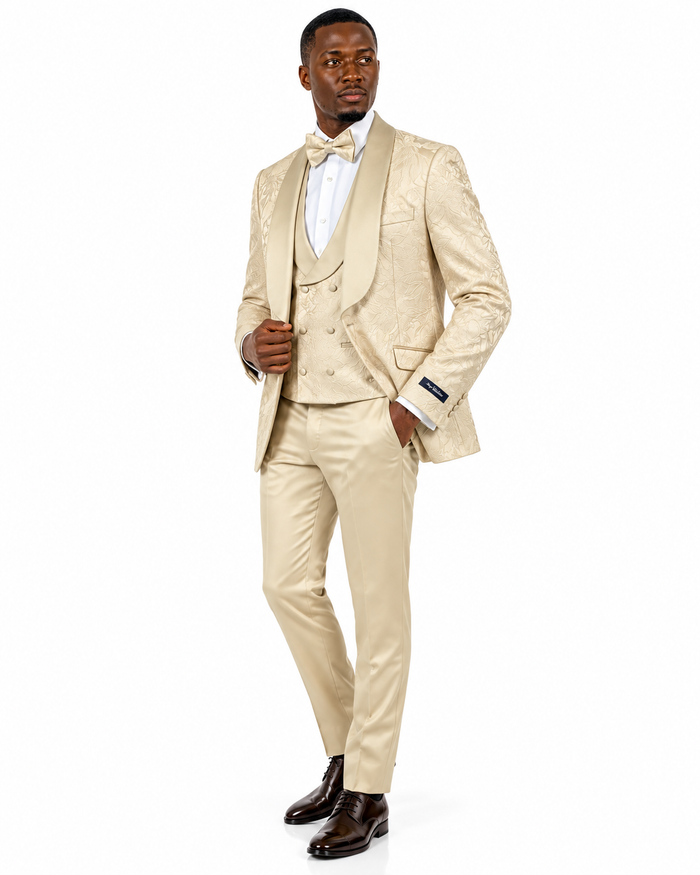 Men's Skinny Fit Jacquard 3 Piece Tuxedo with Double Breasted Vest - Champagne