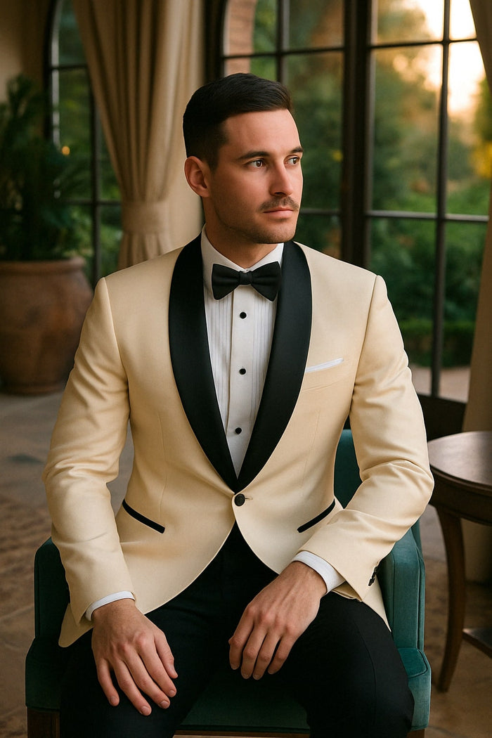 Mens Champagne Light Tan Tuxedo Jacket with Black Shawl Lapel - Classic One-Button Formal Dinner Jacket - Nude Color by USA Men's Outlet