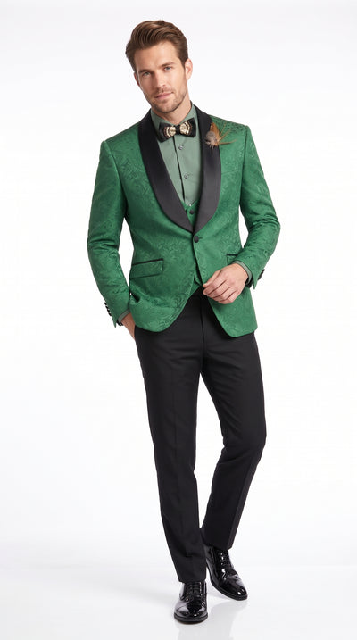 Men’s Emerald Green Jacquard 3 Piece Tuxedo Suit, Black Satin Shawl Lapel Formal Wedding Prom Suit