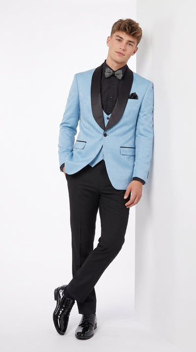 Men’s Light Blue Paisley Tuxedo Suit, Slim Fit 3 Piece Vested Prom & Wedding Tuxedo with Black Shawl Lapel